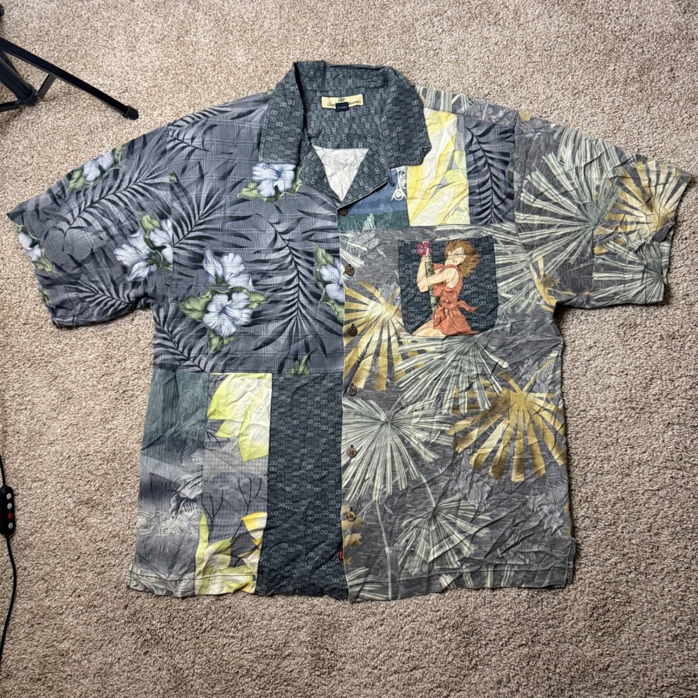 Tommy Bahama Shirt Mens L Gray Silk Patchwork Pin Up Girl Floral Button Up